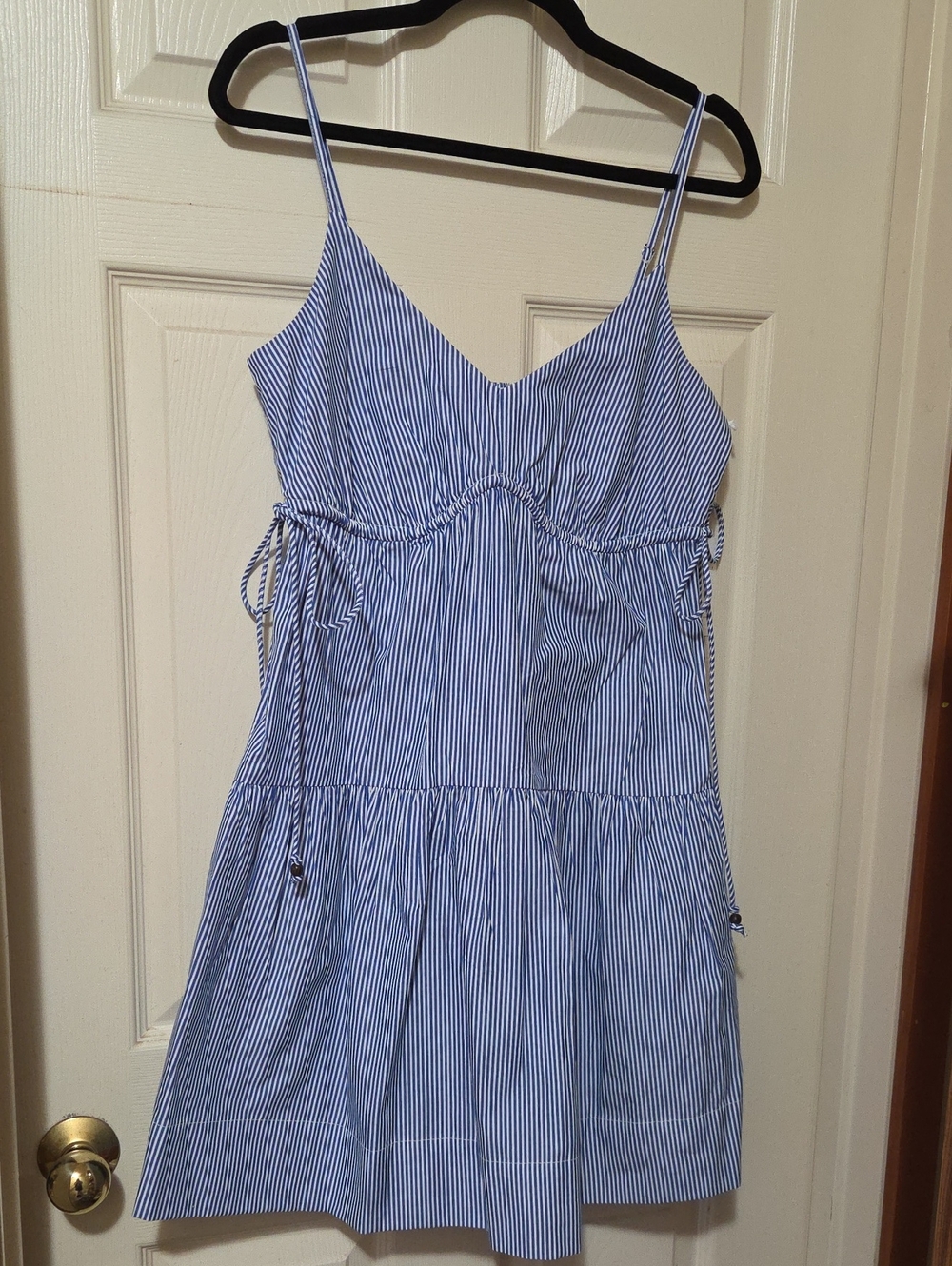 Women's Blue and White Striped Spaghetti Strap Sundress With Side Ties
